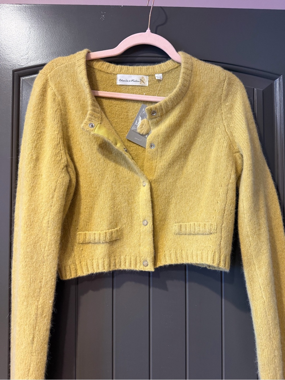 Anthro Charlie & Robin Mustard Yellow Angora Blend Cardigan Sweater NWT